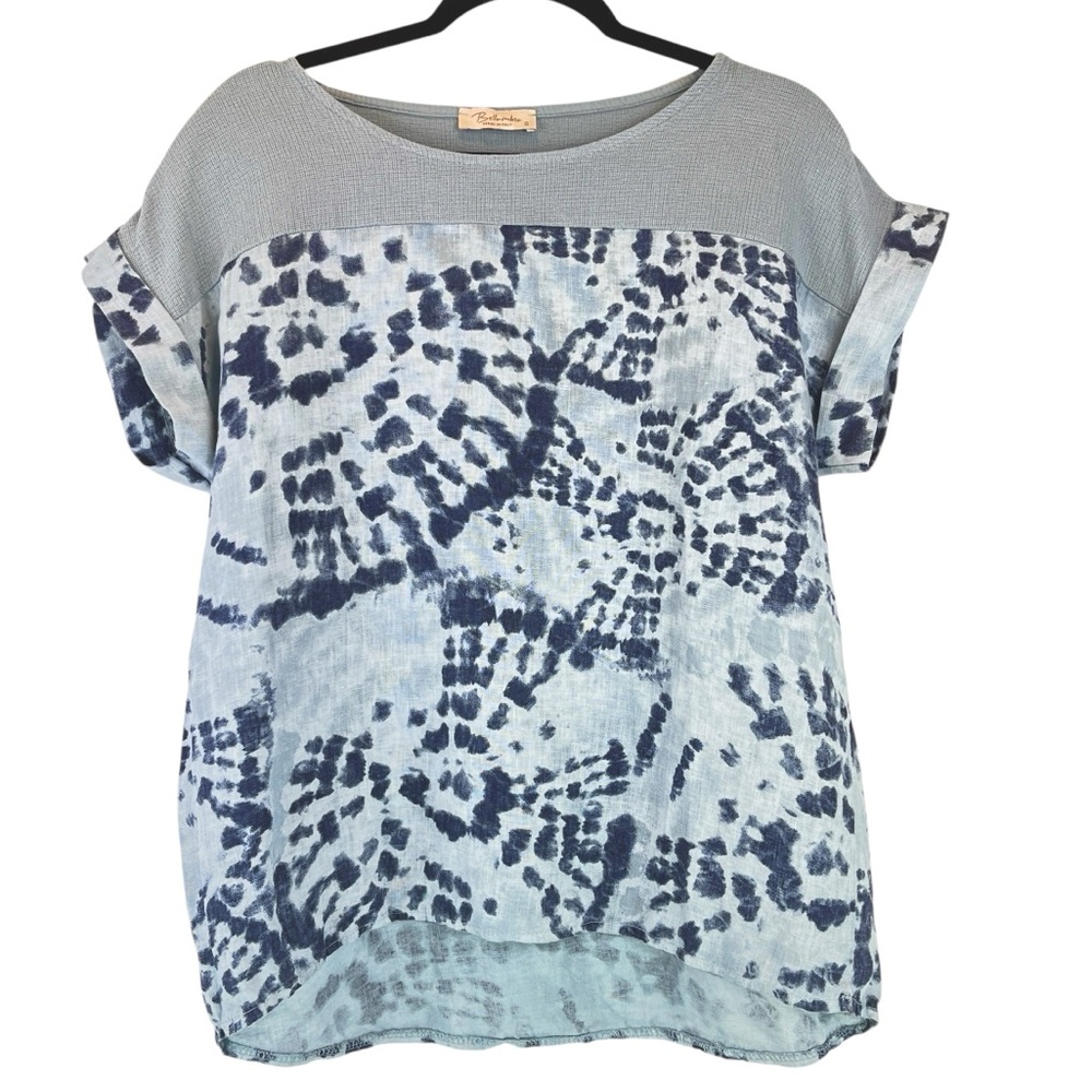 Bellaumbra 100% Linen Tie Dye Short Sleeve Top Blouse Shades of Blue Italy Sz S